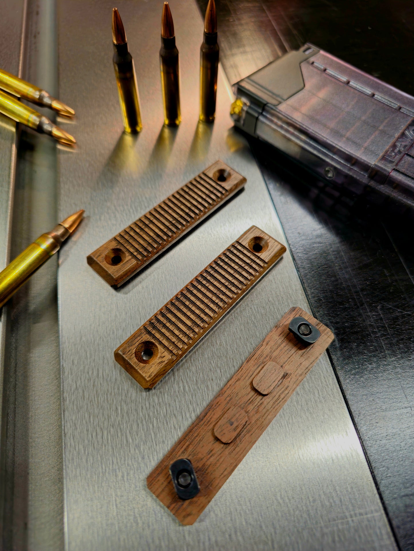 Set of 2 slot natural walnut mlok rail covers. Line texture style.