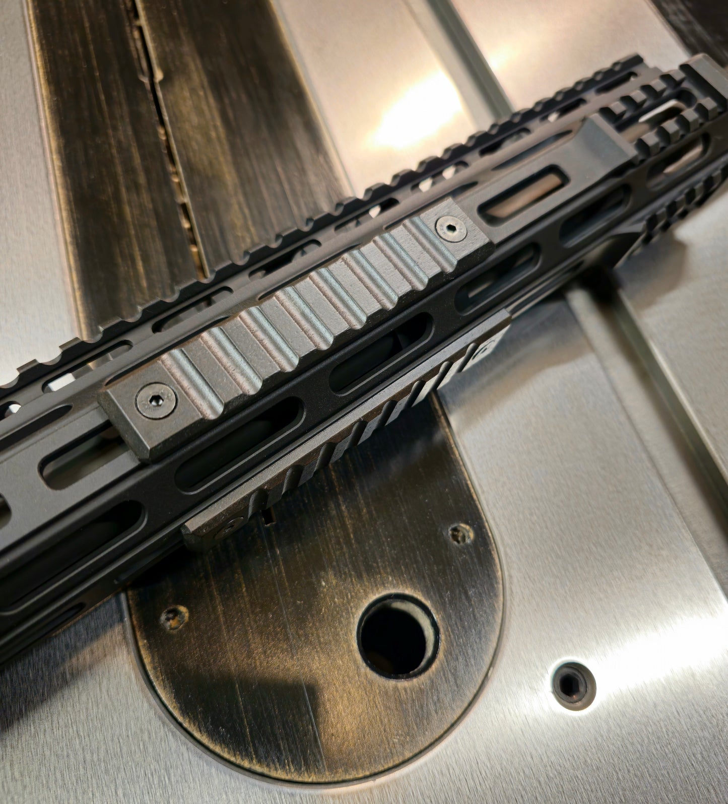 Large Grooves style mlok rail covers. 2.5 slot length. Blackout Walnut