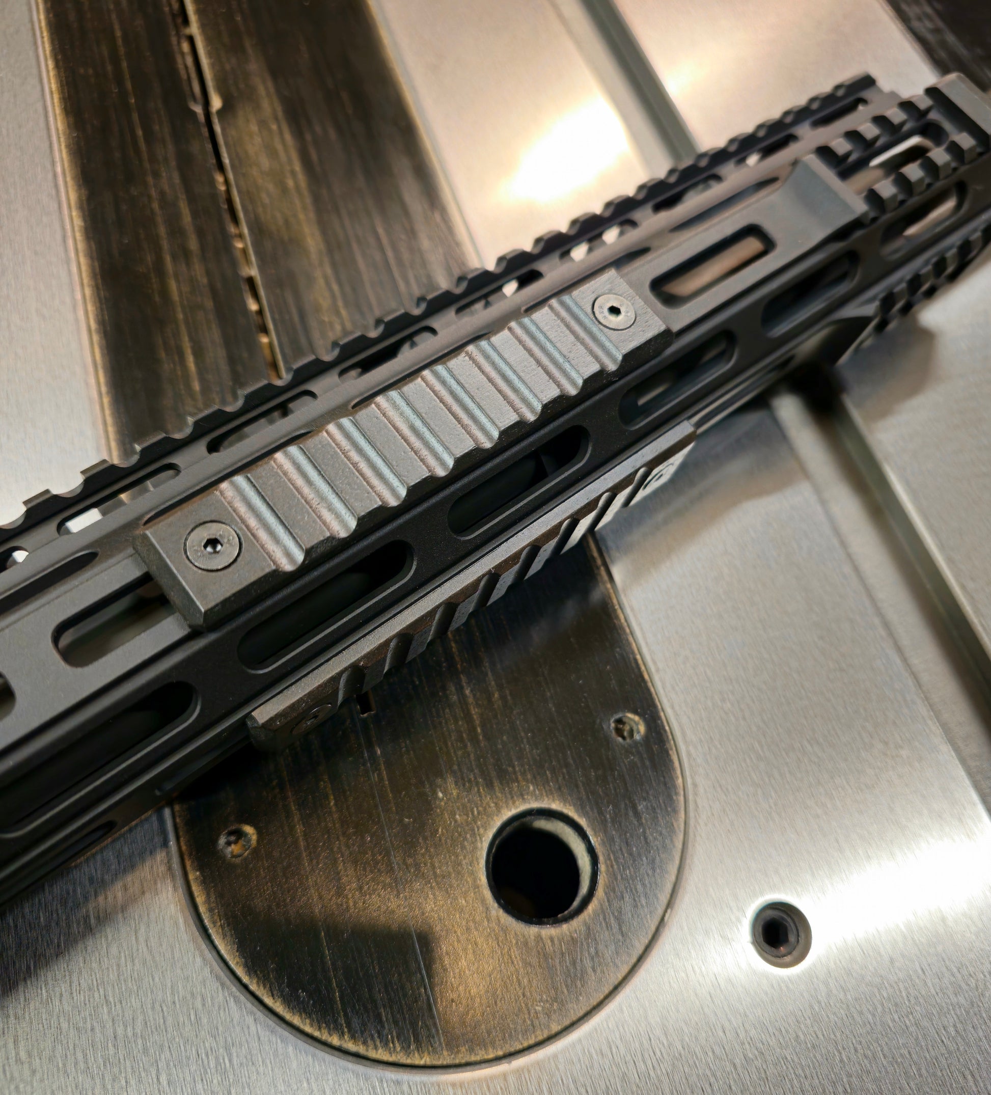 Large Grooves style mlok rail covers. 2.5 slot length. Blackout Walnut