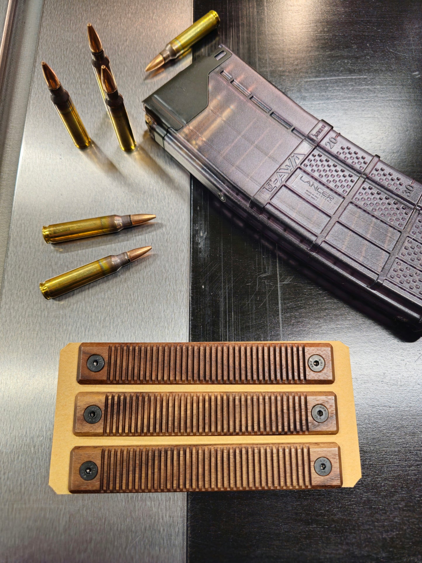 Walnut wood m-lok rail panels. 3 slot. Lines texture