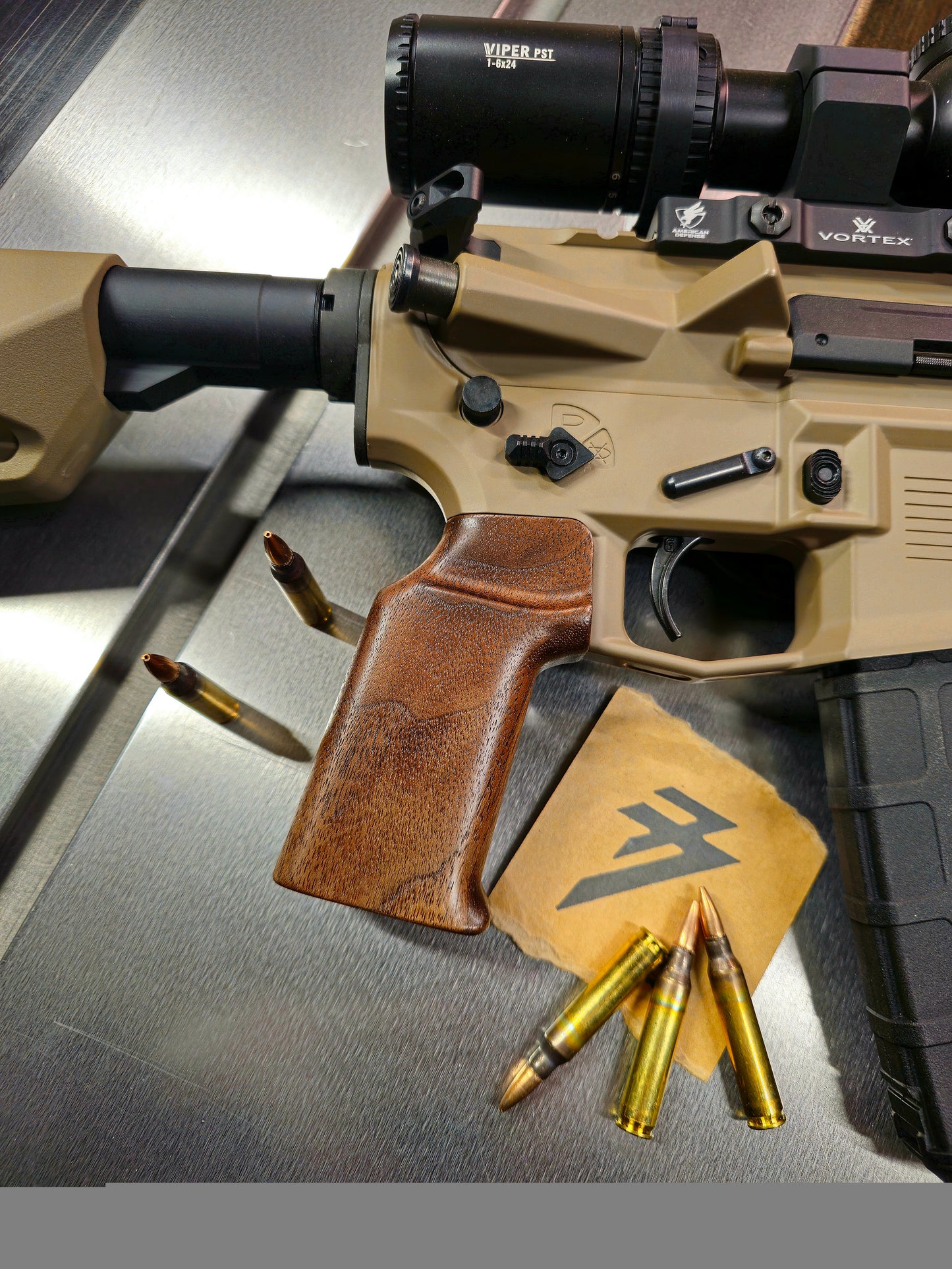 Walnut ar15 grip side angel attached