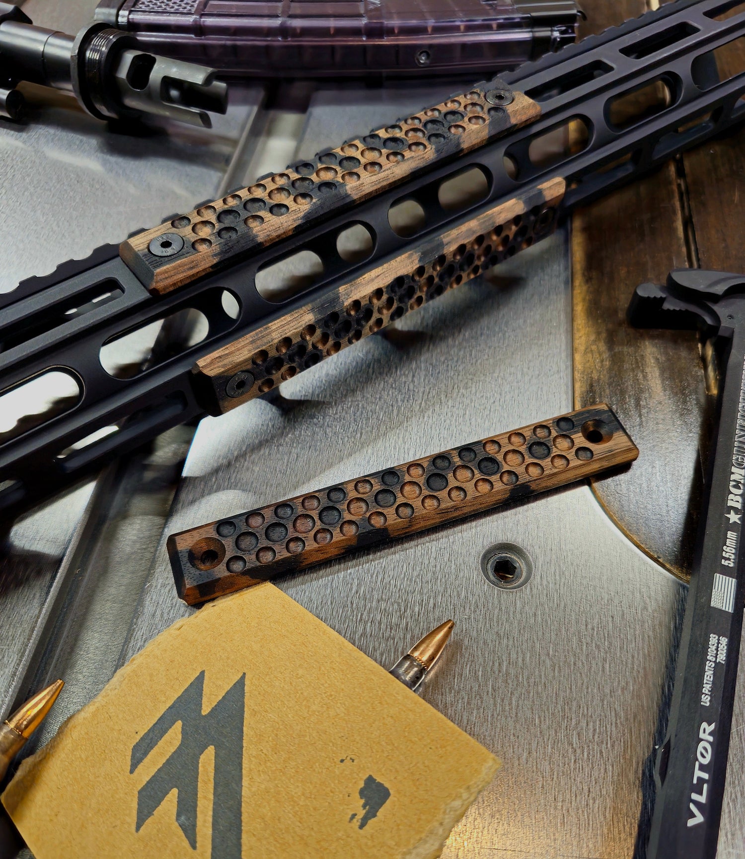 Bkack camo walnut mlok rail cover set. Dimple profile 3 slot