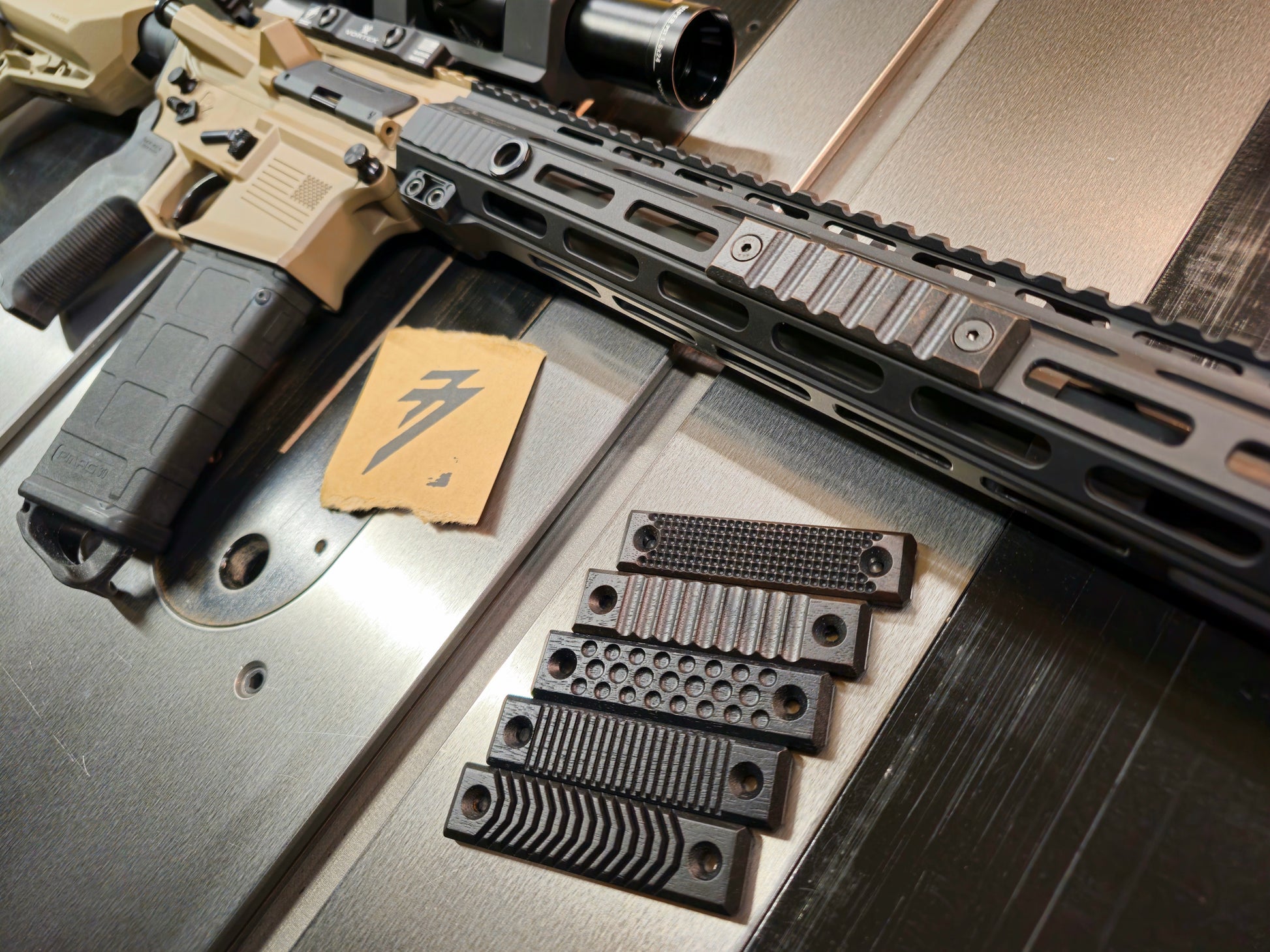 Top side view all 6 texture options for the 2 slot m-lok and keymod hardwood rail covers