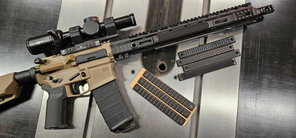 Blackout color option. Wood mlok rail covers all variant styles. Top view 4 slot mlok rail panel length