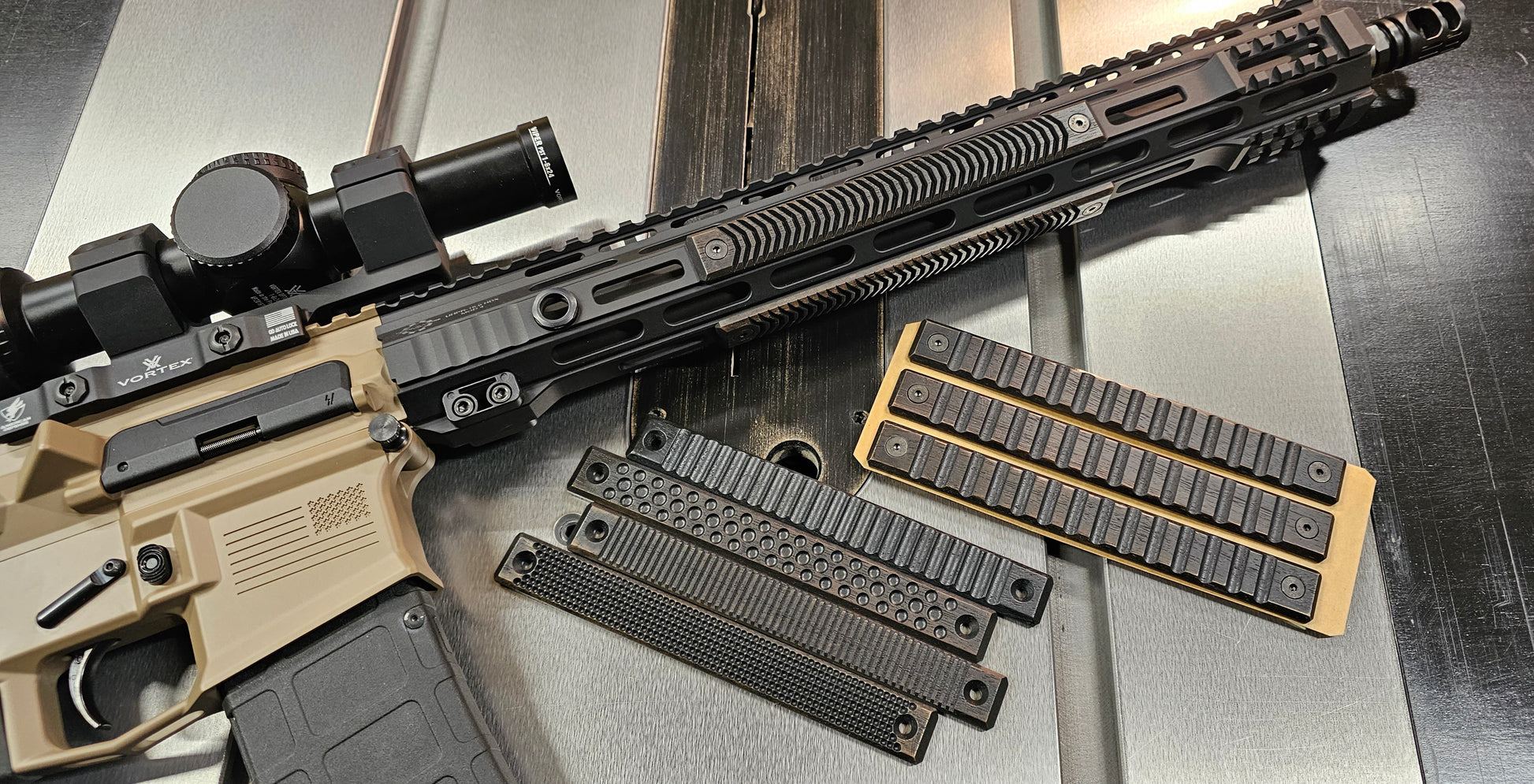 All 6 texture options. 4 slot blackout m-lok handguard panels. Top view