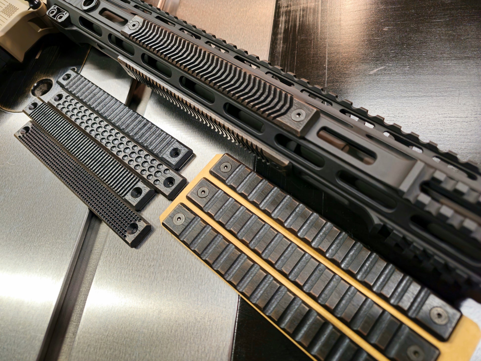 4 slot wood m-lok rail panels. Blackout color. All 6 texture options