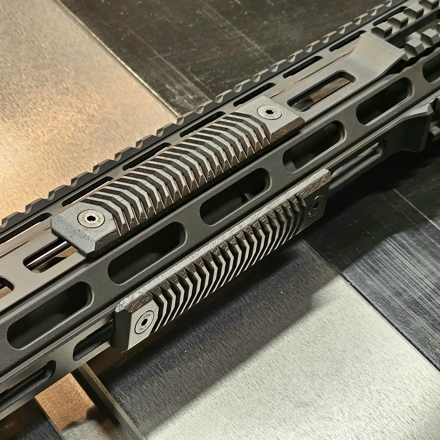 Close up side view blackout 2.5 slot v blunted texture hardwood mlok handguard panel set