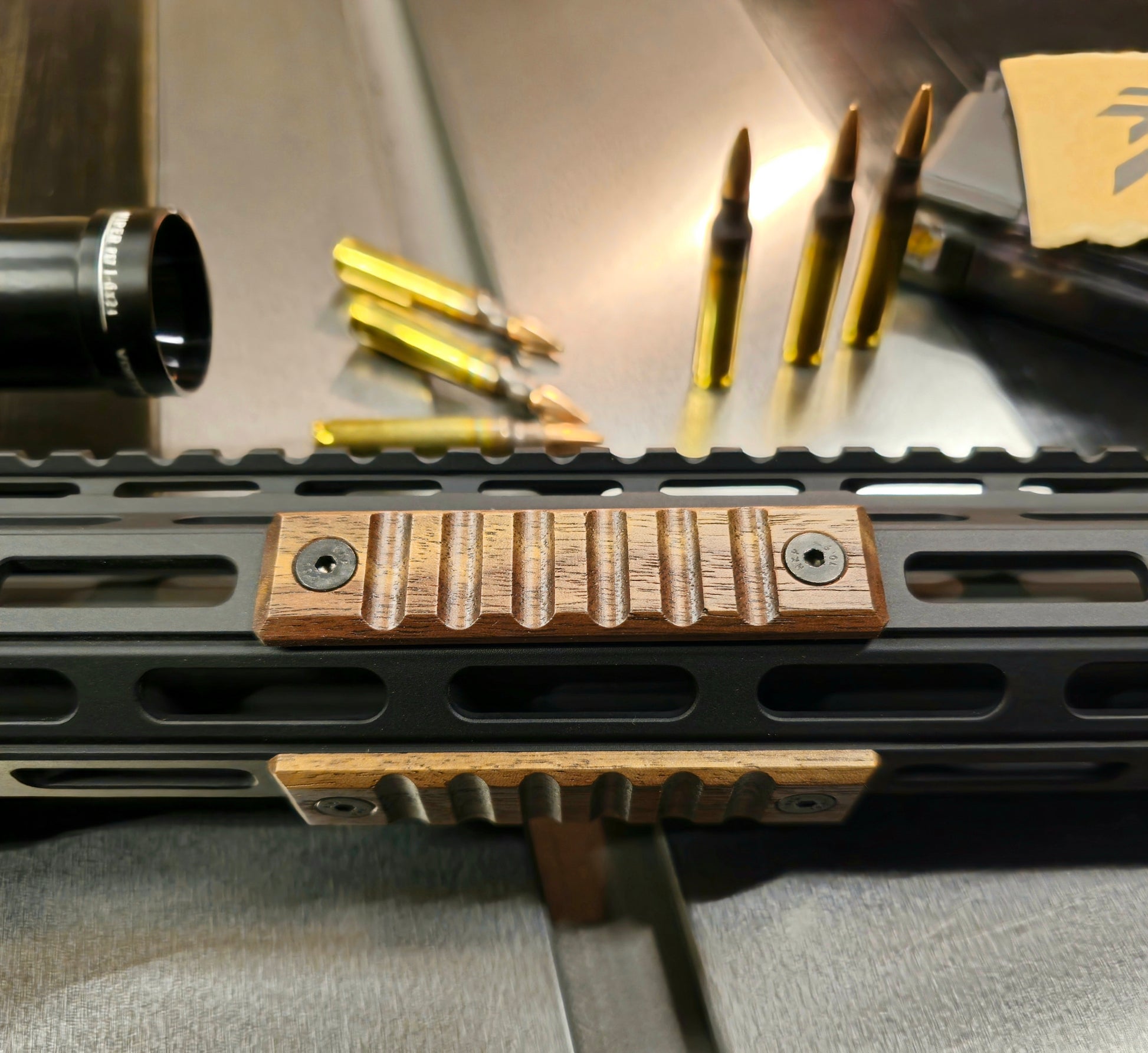 Walnut 2 mlok slot rail cover. Large Grooves style