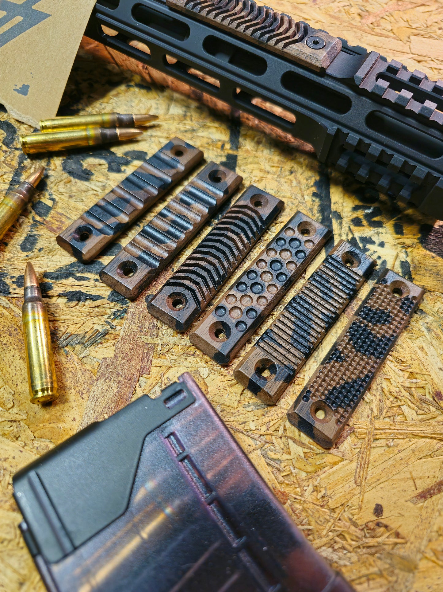 Black Camo- Walnut M-lok Rail Covers.           2 Slot (3.125") *Set of 3*