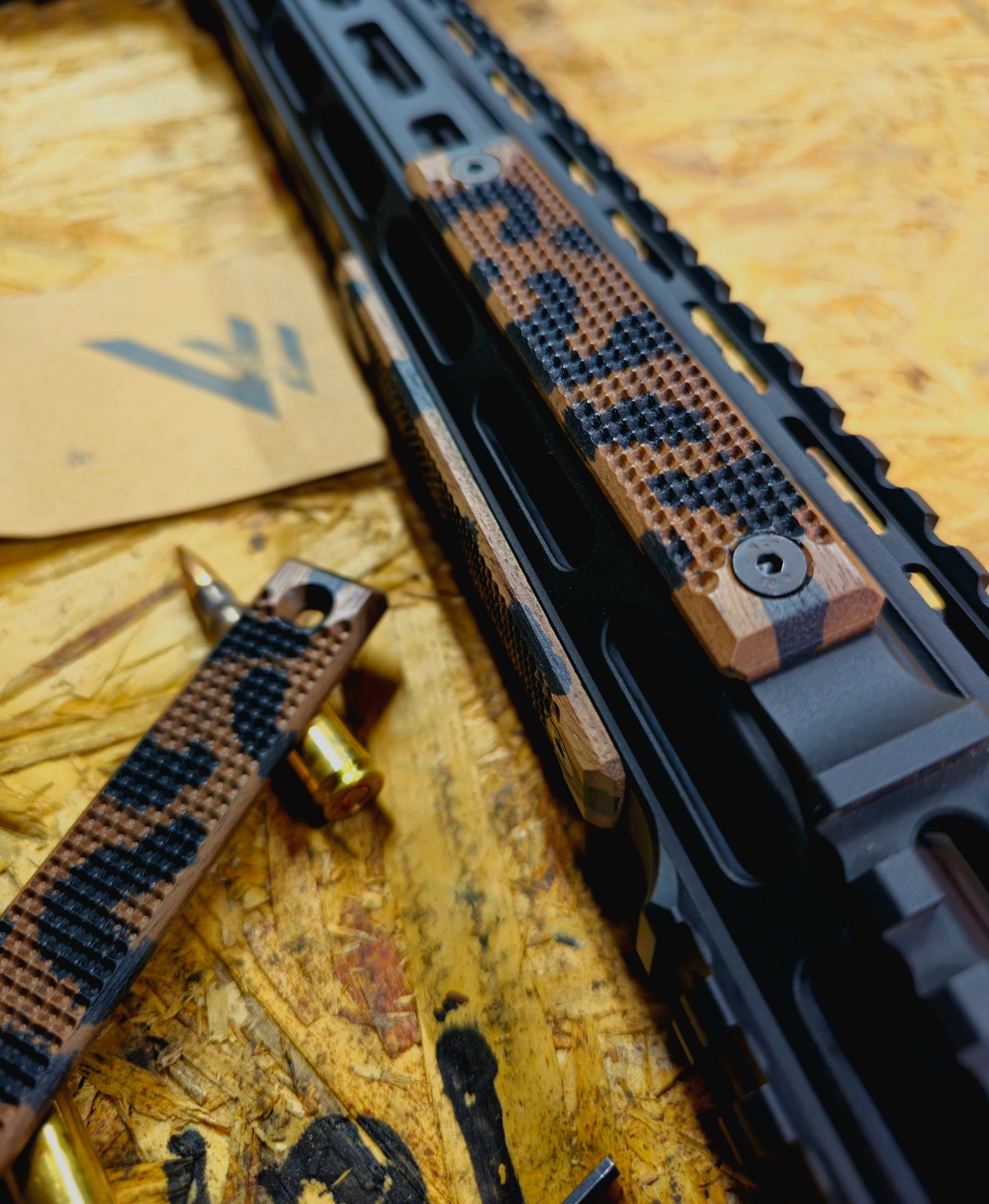 Black camo walnut mlok handguard panel. Micro dot texture option in the 2.5 mlok slot length