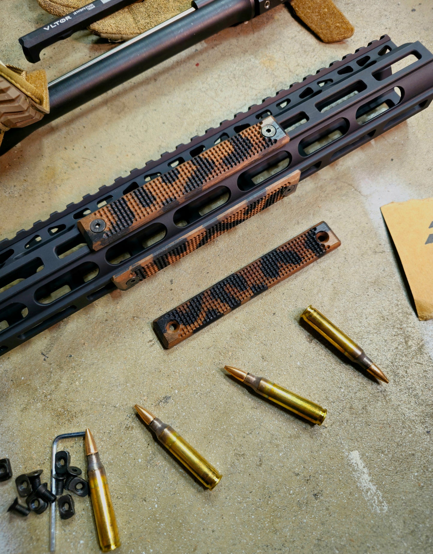 Black Camo- Walnut M-lok or Keymod Rail Covers. (4.7" = 3 slots) *Set of 3*