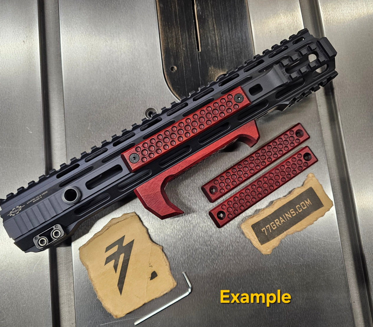 Walnut mlok foregrip dyed red with custom m-lok rail covers dyed red